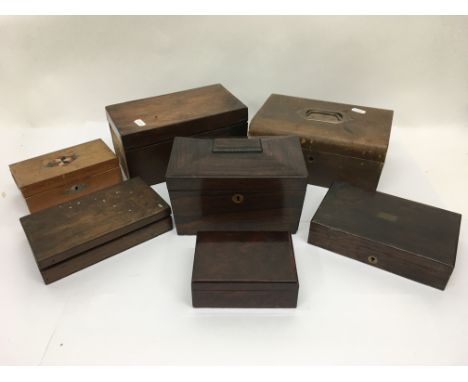 A collection of wooden boxes including a rosewood tea caddy, paint box etc.