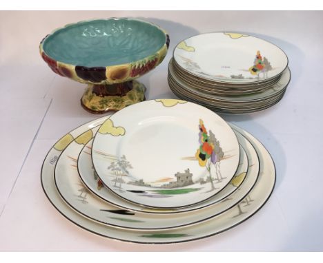 A Sarreguemines comport and some hand painted Art Deco style plates.