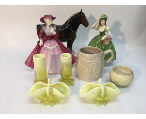 Two Doulton figures, a Beswick horse, small Worcester pot, a Clarice Cliff mug and some Vaseline glass.