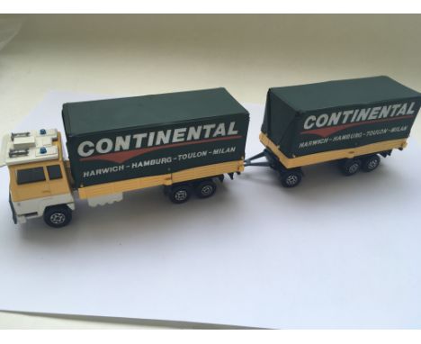 A rare pre production Matchbox Superkings " Continental " lorry and trailer, both pieces having the model number missing afte