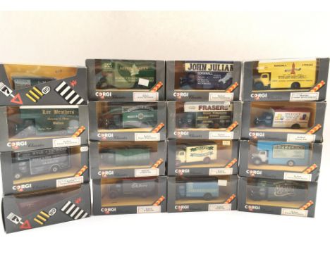 A box containing a collection of boxed Corgi Classics Bedford Pantechnicans and Bedford O series vans including Griff Fender,