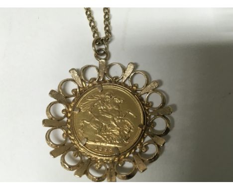 An 1893 Gold Sovereign set in a 9ct Gold pendent with attached chain. 
