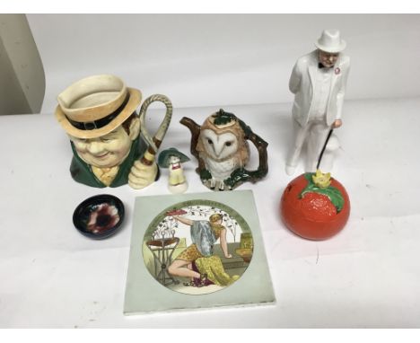 A moorcroft pin dish, a royal Doulton figure of Churchill, a Hummel figure, carltonware, a Toby jug and various sets of cased