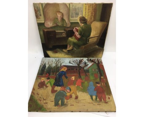 Two circa 1950's unframed oil paintings, one depicting an interior scene and the other of children playing.