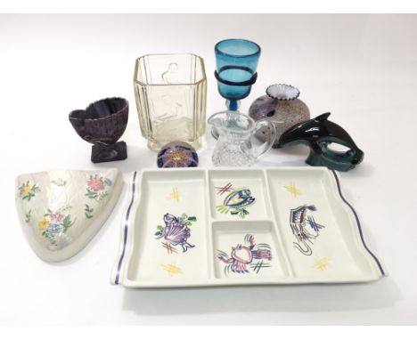 Nine ceramic and glass items to include a Poole pottery fish platter serving plate, a Maline wall pocket, a millifiorie paper