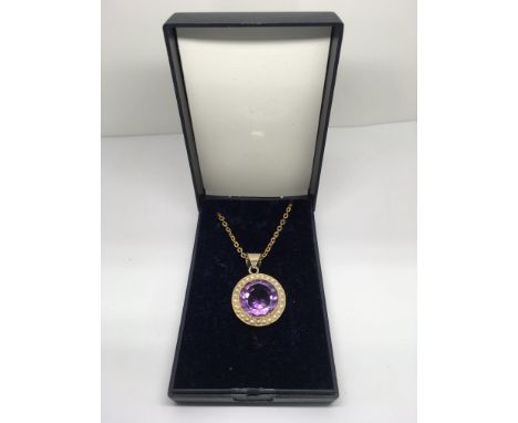 An early, 9ct yellow gold, round amethyst and seed pearl pendant necklace