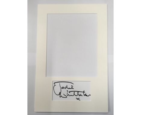 An autograph of the new 'Dr Who' Jodie Whittaker signed on white card and mounted in card and ready for framing. Size approx 
