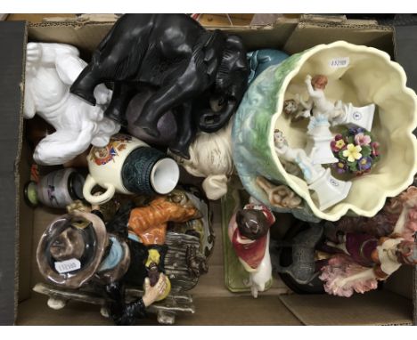 A box of mixed ceramics including Sylvac, Poole, Capodimonte Art Deco ladies etc.
