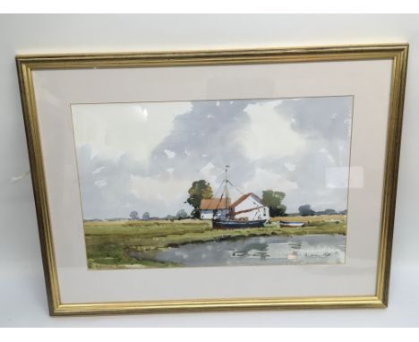 A framed and glazed watercolour of Heybridge Basin by Andrew Pitt, approx 70cm x 53cm.