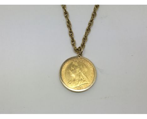 A 1899 full Sovereign on a 9ct Mount rope chain. Weight 21g approximately.