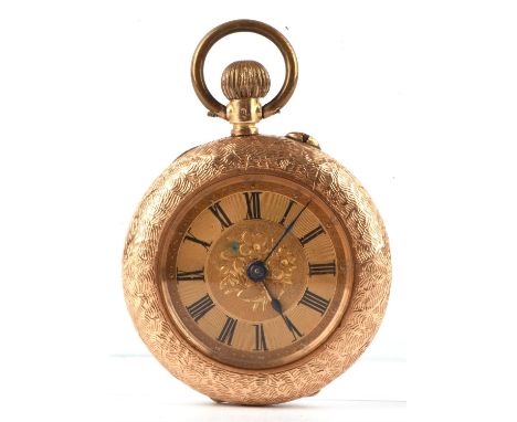 A ladies Gold open faced pocket watch 30.5mm case, the gold dial with engraved floral detail and Roman numerals to chapter ri