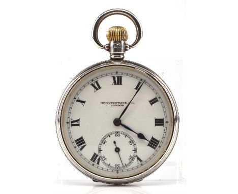 Bavingtons silver open face pocket watch with signed enamel dial, Roman numeral hour markers and subsidiary seconds,lever win