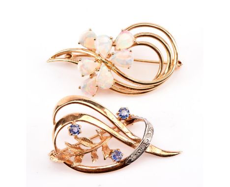 Opal spray brooch measuring 20mm x 42mm and sapphire and diamond leaf design brooch, measuring 38mm x 23mm, both hallmarked 9