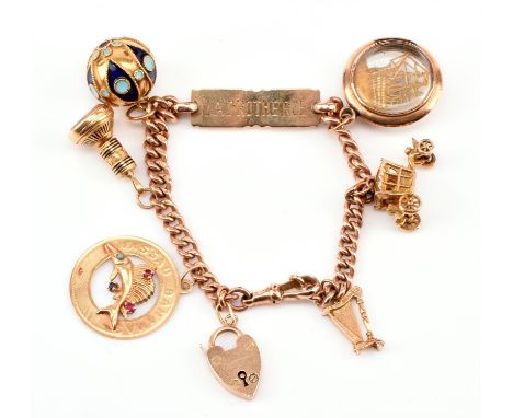 Gold charm bracelet, designed as a curb link identity bracelet, engraved 'J.A PROTHEROE', with a swivel clasp, each link mark