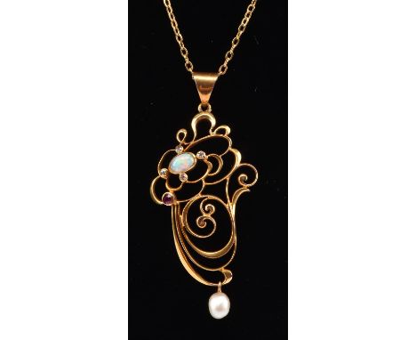 Early 20th C pendant, set with oval cabochon cut opal, four old cut diamonds, one round cut ruby and a fresh water pearl drop