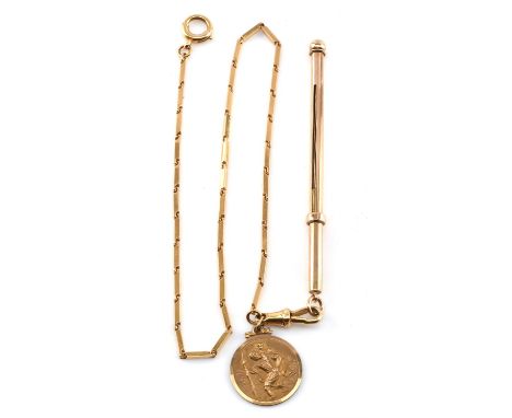 A bar link chain, with a swivel clasp and a bolt clasp, stamped 18 ct, suspending a St Christopher pendant and a swizzle stic