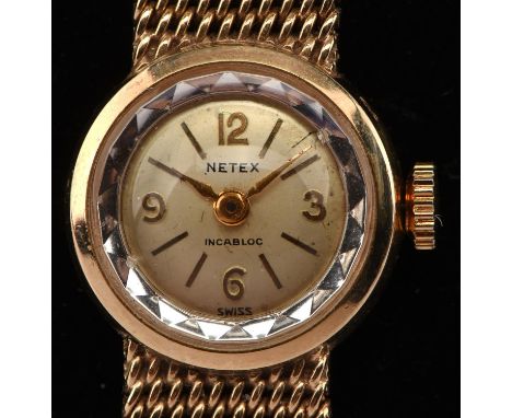 Netex a ladies gold wristwatch, the signed dial with baton and Arabic numeral hour markers, fitted with a manual wind 17 jewe