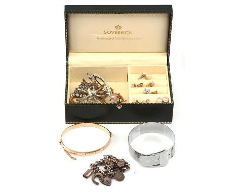 A box of costume jewellery, including an engraved gold plated hinged bangle with box clasp and safety chain 7cm in diameter, 
