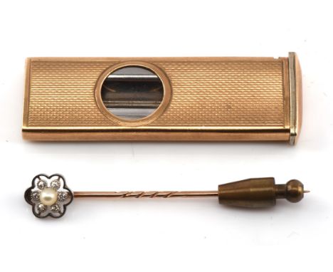 Diamond and pearl set stick pin tested 9 ct and a cigar piercer, hallmarked 9 ct dated Birmingham 1963, with makers mark WMLd
