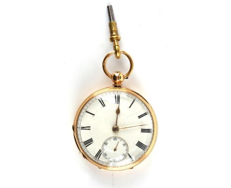 Open faced 18 ct gold pocket watch, enamel dial with Roman numerals with subsidiary dial, verge escapement movement, signed M