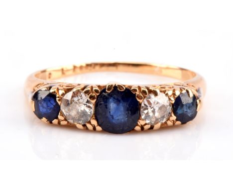 Victorian sapphire and old cut diamond ring, total estimated diamond weight 0.20 carats in 18 ct yellow gold, ring size K Con