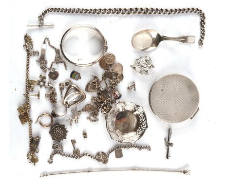 Group of silver items including four brooches, a Pandora bracelet, three charm bracelets with loose pendants/charms, an Alber