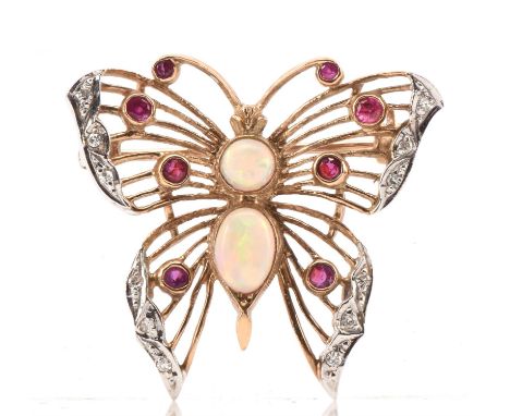 1980's Butterfly brooch, Set with opal cabochons and circular shape rubies with diamond detail wings, in 9 ct yellow gold hal