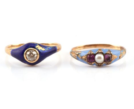 Two antique rings, one set with an old cut diamond, with blue enamel, stamped 18 ct, size K, together with a ruby and pearl r
