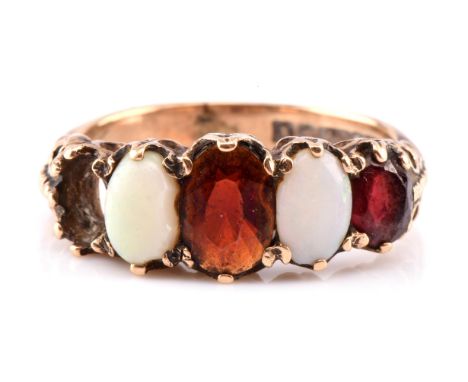 Opal and garnet ring, with alternating oval cut garnets and oval cabochon cut opals, mounted in 9 ct gold, ring size LConditi