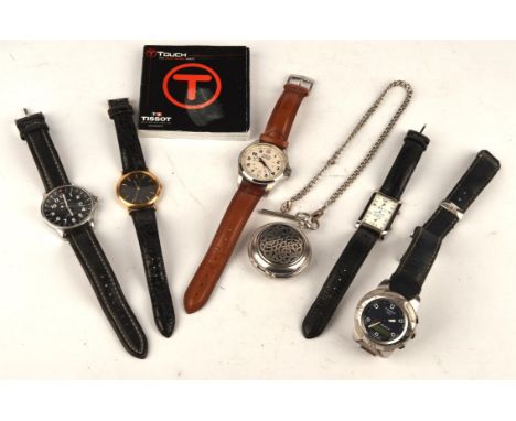 A silver plated hunter pocket watch with chain, together with a Tissot Touch gentleman's watch, Tissot touch book, a Wenger m