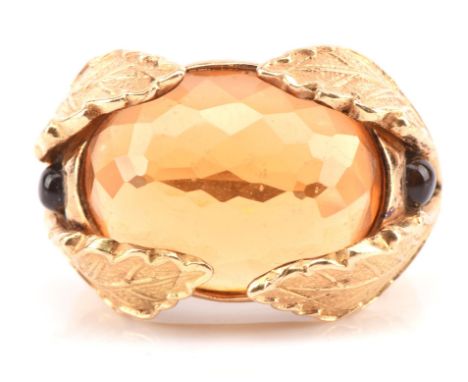 Francesca Scarsini citrine ring, central oval checker board cut citrine, estimated weight 7.10 carats with round cabochon cut