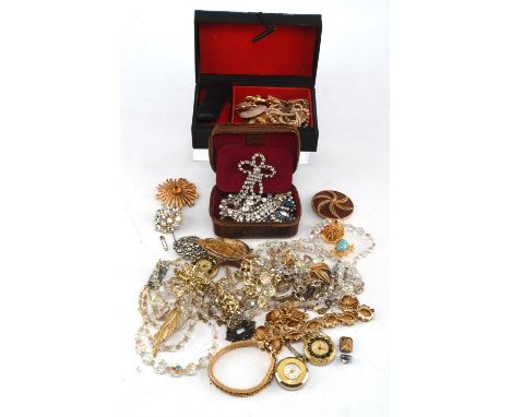 Large bag of costume jewellery with a Russian leather jewellery box, including a number of round brilliant cut paste set broo