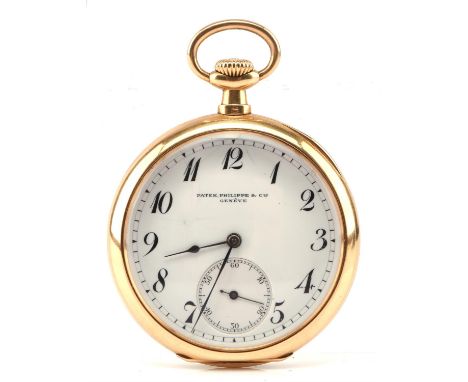 Patek Phillipe and Cie, A gold open face pocket watch, the white enamel dial with Arabic numeral hour markers within a railwa