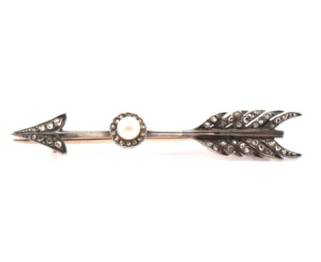 Victorian rose cut diamond and pearl arrow brooch, mounted on gold and silver measuring 66mmx12mmCondition Report:  gross wei