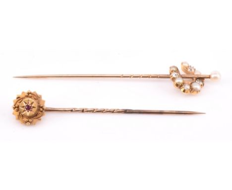 Old cut diamond and pearl set horse shoe stick pin, surmounted by a single white pearl in 9 ct and a Victorian stick pin 15 c