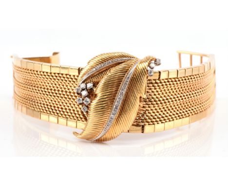 Gubelin  A ladies gold  wristwatch, removeable brooch case set with white sapphires, the signed dial with baton hour markers 