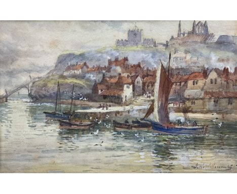 John Wynne Williams (British fl.1900-1920): Boats at Tate Hill Pier Whitby, with the Spa Ladder in the background, watercolou