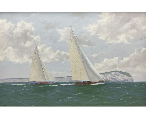 George Drury (British 1950-): 'Velsheda and Shamrock off the Needles', oil on board signed, titled verso 74cm x 49cm