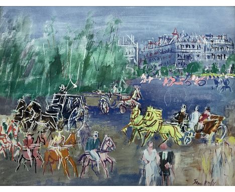 Jean Dufy (French 1888-1964): Parisian Street with Horse and Carriages, mid-20th century colour print 45cm x 58cm