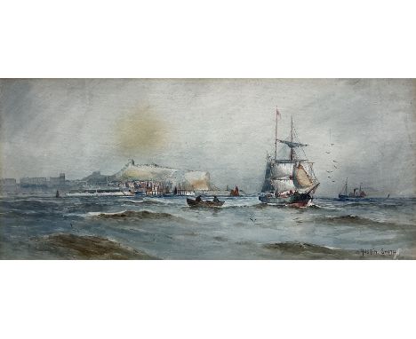 Austin Smith (British early 20th century): Shipping off Scarborough, watercolour signed 21cm x 47cm