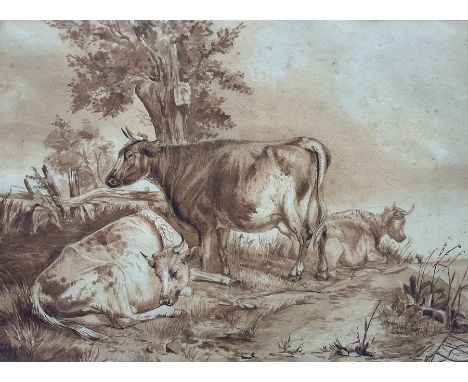 Attrib. Thomas Sidney Cooper (British 1803-1902): Cattle at Rest, sepia wash signed, with a charcoal portrait sketch verso, 2
