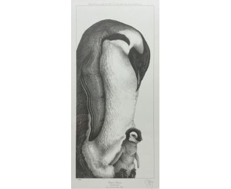 Gary Hodges (British 1954-): 'Emperor Penguins', limited edition monochrome print signed and numbered 88/850 in pencil 58cm x