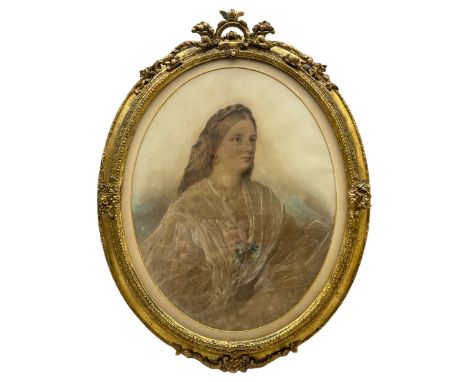 JM Rogers (British exh.1882): Half Length Portrait of a Young Lady, oval pastel signed and inscribed 'London' 47cm x 37cm in 