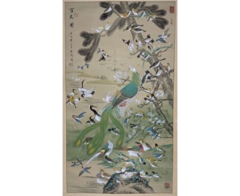 Chinese School (20th century): Birds on Branches, scroll painting 110cm x 62cm