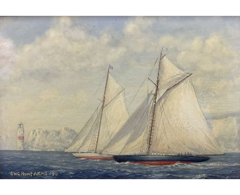 Geoff Hunt RMS (British 1948-): 'Britannia and Valkyrie II off The Needles 1893', oil on board signed and dated '90, titled a