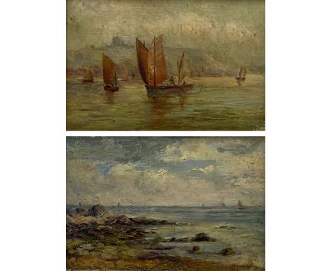 Attrib. Gertrude Hudson (British 1878-1958): Fishing Boats at Scarborough and the Beach, pair oils on board signed with initi