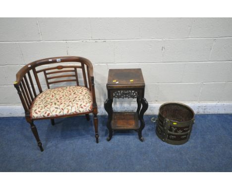 AN EDWARDIAN MAHOGANY AND INLAID ARMCHAIR, with beige and foliate upholstery, a hardwood lamp table, with foliate details and