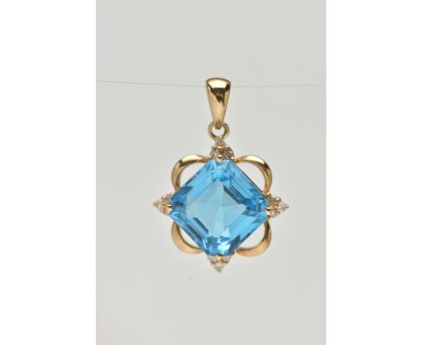 A 9CT GOLD BLUE TOPAZ AND DIAMOND PENDANT, set with a square cut blue topaz with single cut diamond accents, hallmarked 9ct S