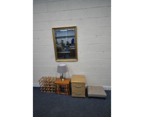 A GILT FRAMED RECTANGULAR BEVELLED EDGE WALL MIRROR, 100cm x 71cm, a two drawer bedside, a footstool, a nest of three tables,