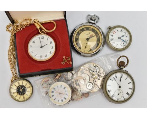 A BAG OF ASSORTED POCKET WATCHES AND WATCH PARTS, to include an 'Ingersoll Ltd London' manual wind pocket watch, a base metal